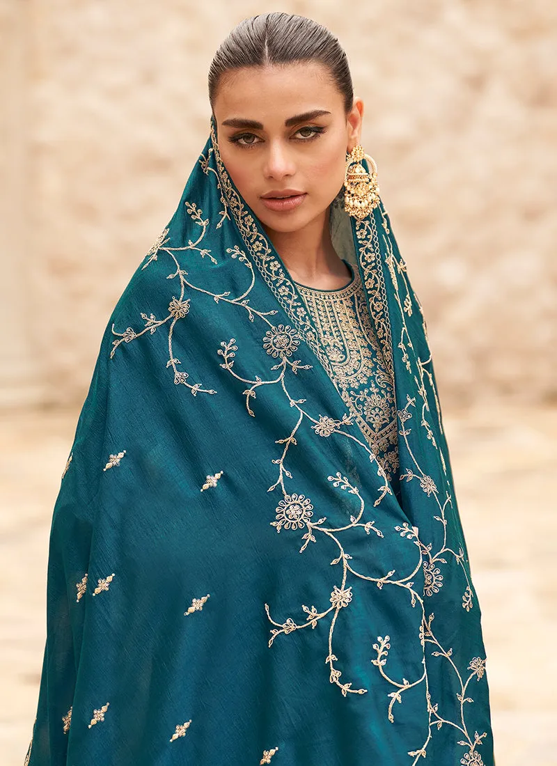 Turquoise Blue Traditional Embroidery Palazzo Style Suit