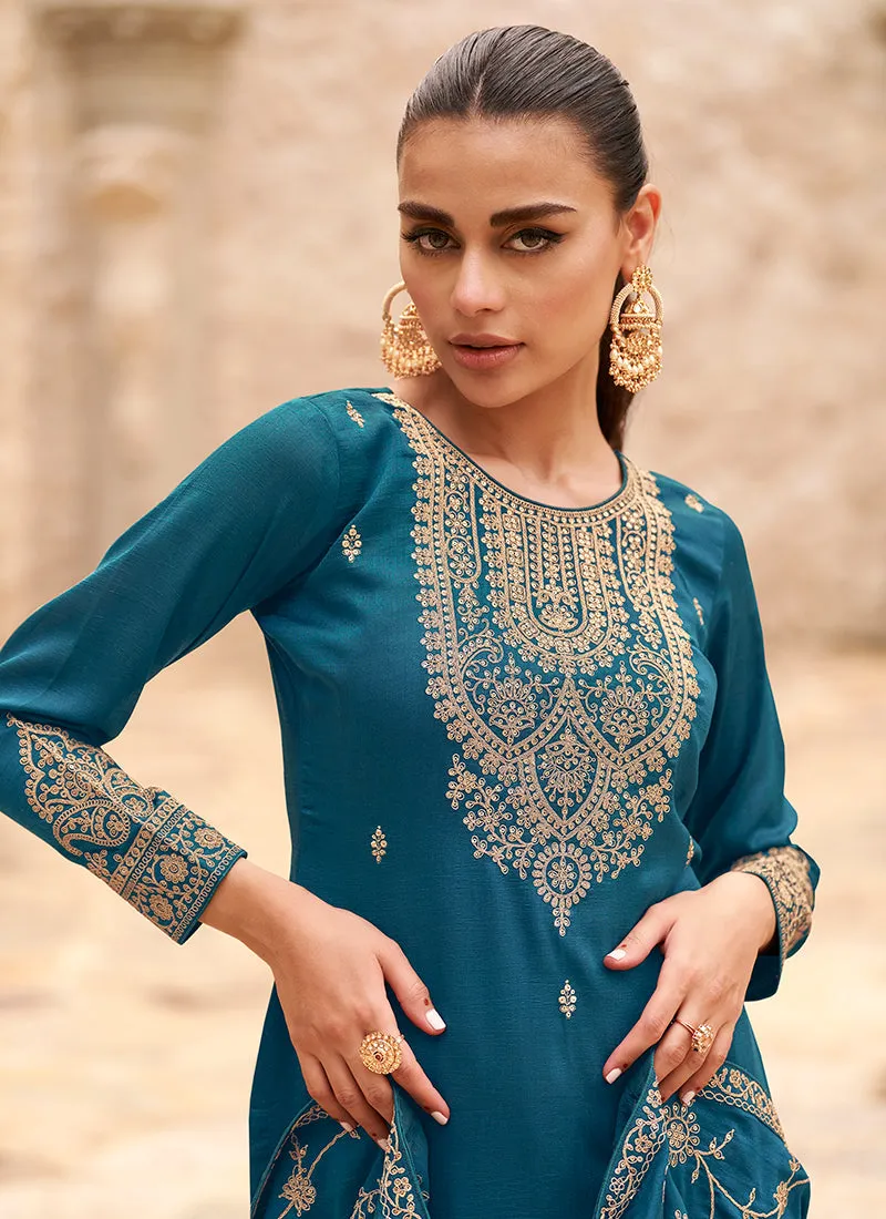 Turquoise Blue Traditional Embroidery Palazzo Style Suit