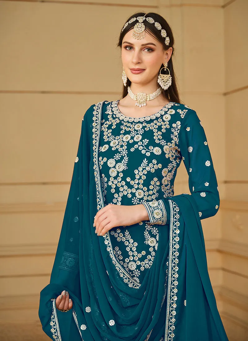 Turquoise Thread And Sequence Embroidery Gharara Suit