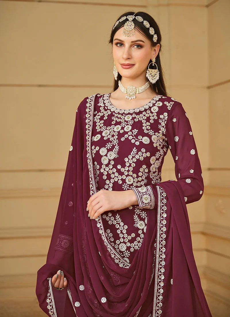 Wine Thread And Sequence Embroidery Gharara Suit