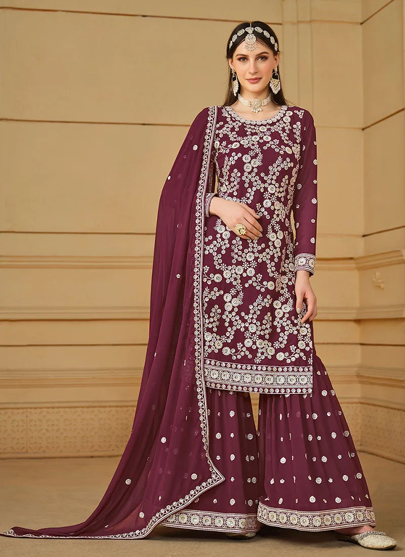 Wine Thread And Sequence Embroidery Gharara Suit