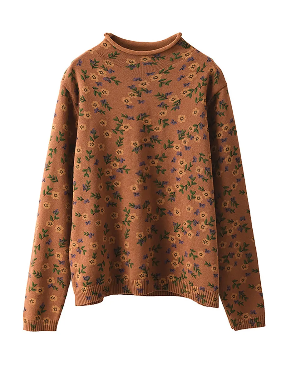 Women Retro Floral Turtleneck Knitted Sweater