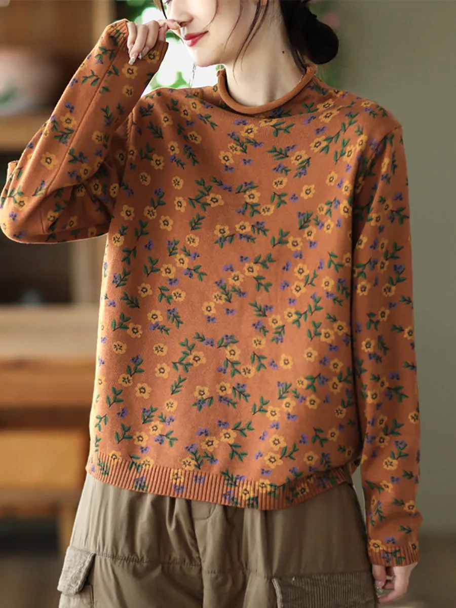 Women Retro Floral Turtleneck Knitted Sweater