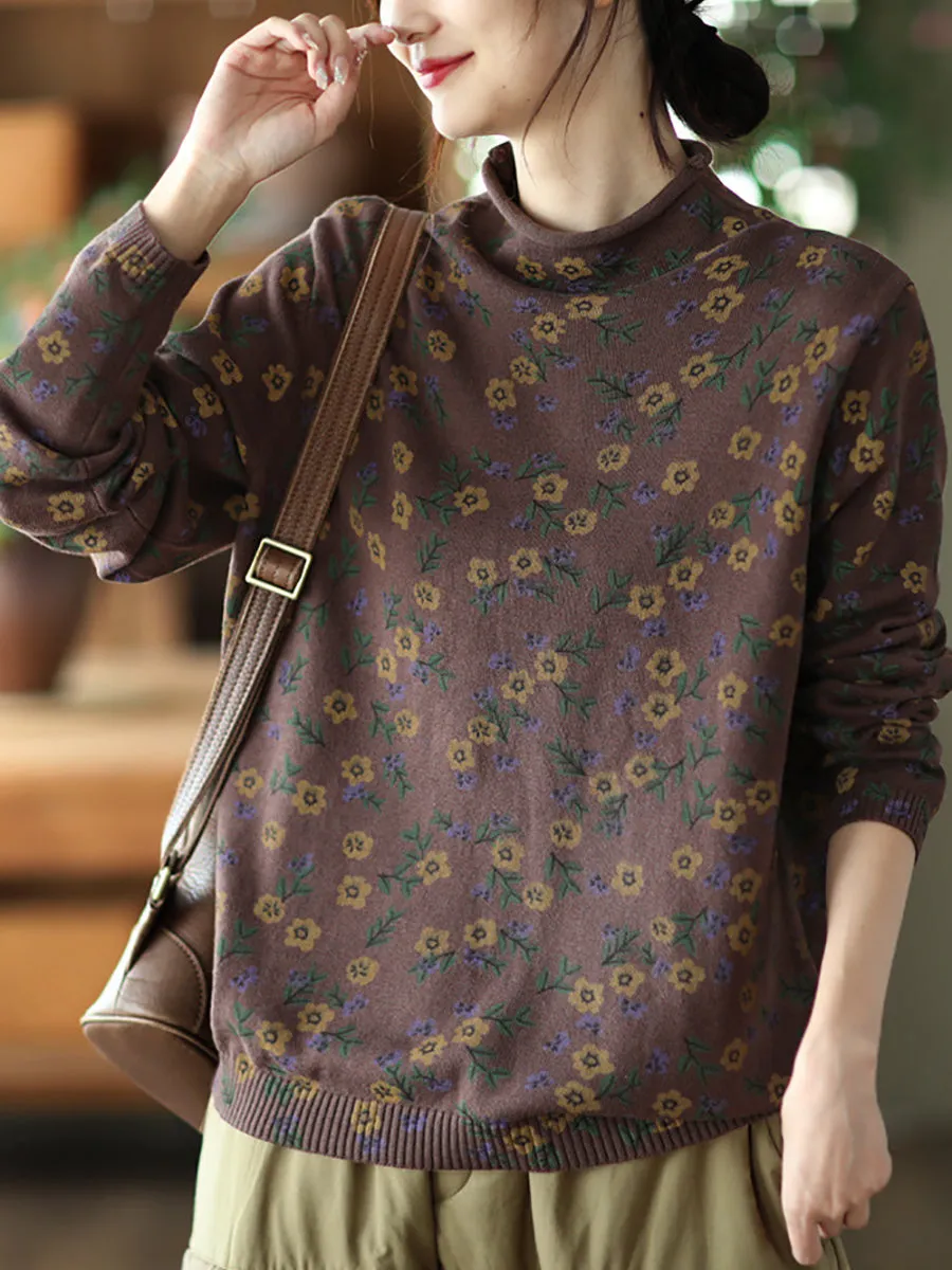 Women Retro Floral Turtleneck Knitted Sweater