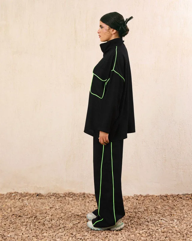 Women's Black Linen Suit with Neon Lines - Summer Ready Fashion Set - Made in Egypt