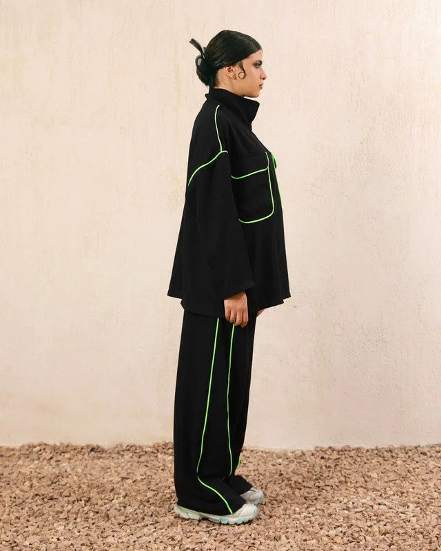 Women's Black Linen Suit with Neon Lines - Summer Ready Fashion Set - Made in Egypt