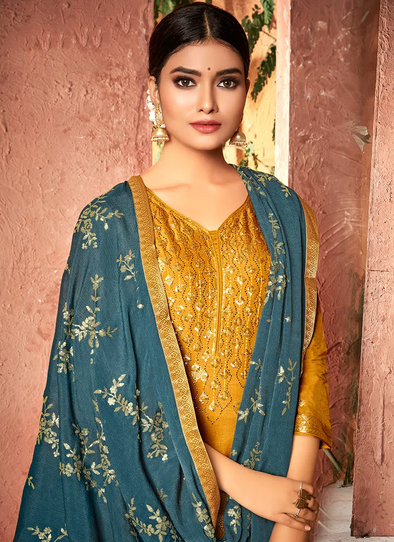 Yellow And Turquoise Traditional Sequence Embroidery Palazzo Suit