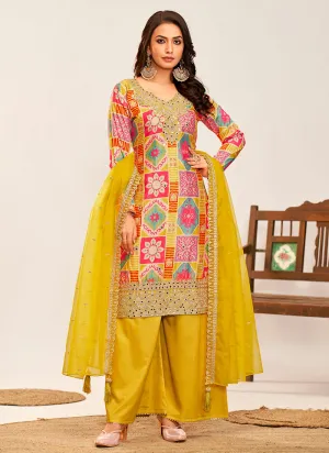 Yellow Multicoloured Embroidery Palazzo Style Suit